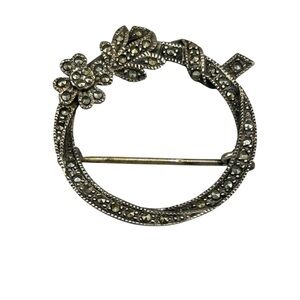 Vintage Sterling Silver Marcasite Brooch • Floral Circle Pin • 925